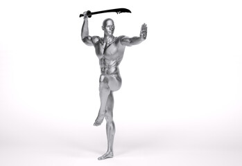 3d Render: a male character with silver texture pose an action with China martial Arts Styles, Kung Fu