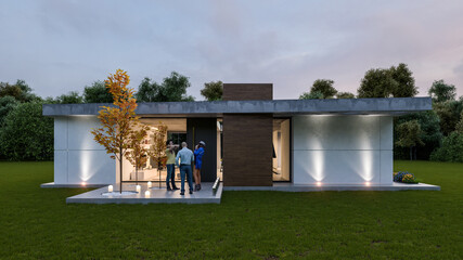 Single storey modern house at dusk with illuminated interior © mariano