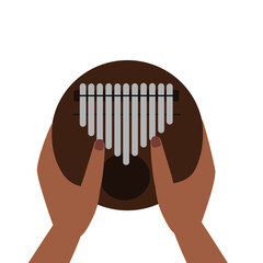 Hands holding and play Kalimba ( Mbira or thumb piano ) isolated on white. African musical instrument. vector cartoon icon illustration.