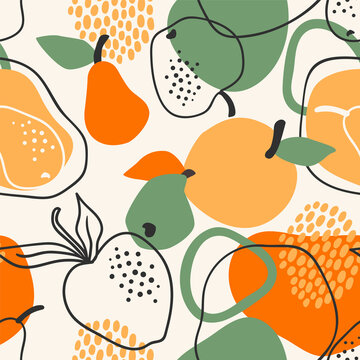 Vector seamless pattern with apples and pears. Trendy hand drawn textures.