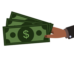 Hand holds dollar banknote isolated on white. Cash icon vector illustration.
