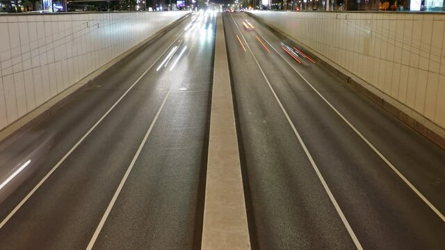 Night traffic time lapse on New Arbat street, Moscow, Russia