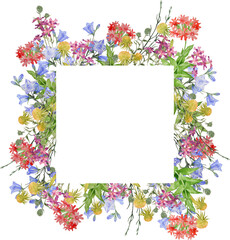 Square frame with bluebells and wild flowers. Floral watercolor illustration.

