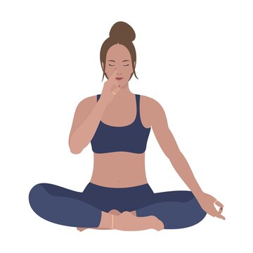 Young Woman Sitting in Lotus Position. Abdominal Breathing. Breath Awareness Exercise. Vector Flat Illustration.	
