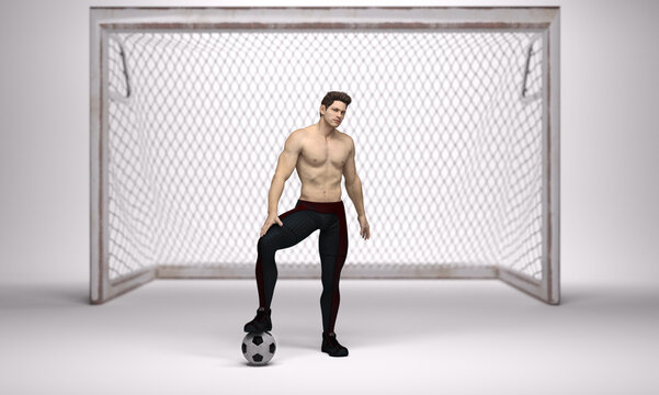 3D Render: A portrait of a young man as a soccer goalkeeper pose in front of the goal