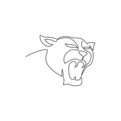 One continuous line drawing of wild leopard head for multinational company logo identity. Strong panther mammal animal mascot concept for national safari zoo. Single line draw design illustration