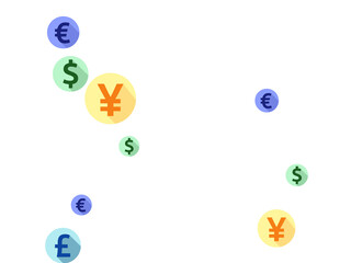 Euro dollar pound yen round icons flying money vector design. Deposit backdrop. Currency tokens 