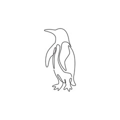 Single continuous line drawing of adorable penguin for company business logo identity. Arctic animal bird mascot concept for kids stationary product. One line graphic vector draw design illustration