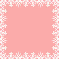 Classic vector square frame with arabesques and orient elements. Abstract pink and white ornament with place for text. Vintage pattern