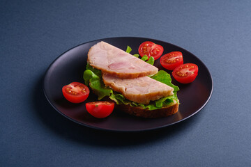 Sandwich with turkey ham meat, green salad and fresh cherry tomatoes slices on black plate, blue minimal background, angle view