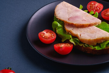 Sandwich with turkey ham meat, green salad and fresh cherry tomatoes slices on black plate, blue minimal background, angle view macro