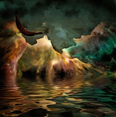 Surreal painting. Eagle flies in colorful sky above water surface. 3D rendering