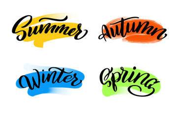 Summer, autumn, winter, spring lettering wrote by brush. Hello summer calligraphy.