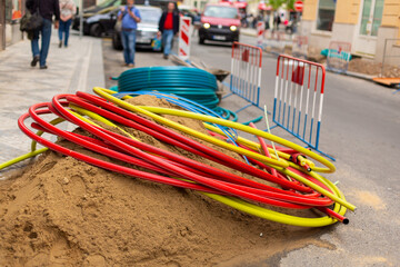 Repair work on city streets. Laying cable routes. Coils of plastic casings