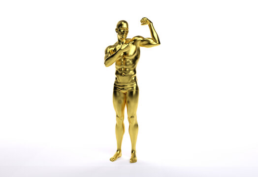 3D Render : an illustration of a male character model with gold texture