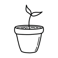 Little cute sprout with two leaves in a flower pot on a white background. Black and white illustration in doodle style of a potted plant. Isolated vector  element for print, textile, colorining.