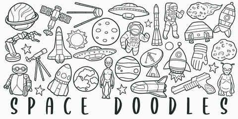 Space Doodle Line Art Illustration. Hand Drawn Vector Clip Art. Banner Set Logos.