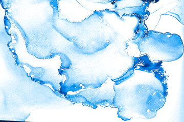 Nautical Colored Smoky Flow. Hand Painted Spots. Sky Blue Abstract Landscape. Waves of Paint Spots. Sea Blue Spots Distressed Silk. Blueish Ink Marble Texture. 