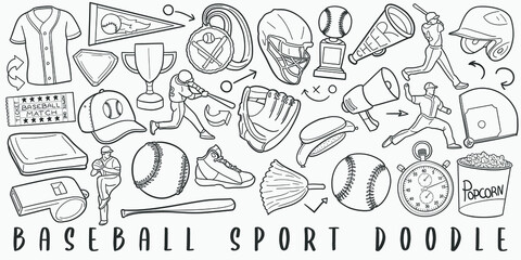 Baseball Sport Doodle Line Art Illustration. Hand Drawn Vector Clip Art. Banner Set Logos.