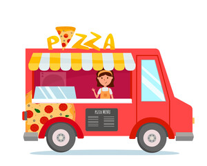 Naklejka premium Bright food truck with pizza. Chef girl inside. Pizza menu and sign on top. Red car delivery. Food festival. Vector isolated.