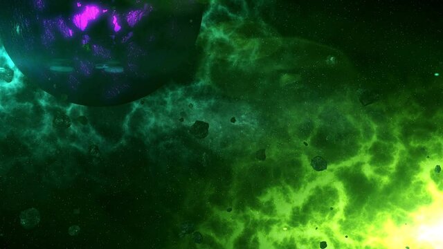 Asteroids roaming in space beautiful blue and yellow colour of space Purple lava planet