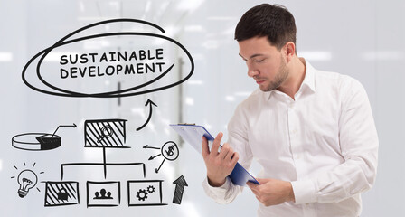 Business, technology, internet and network concept. Young businessman thinks over the steps for successful growth: Sustainable development