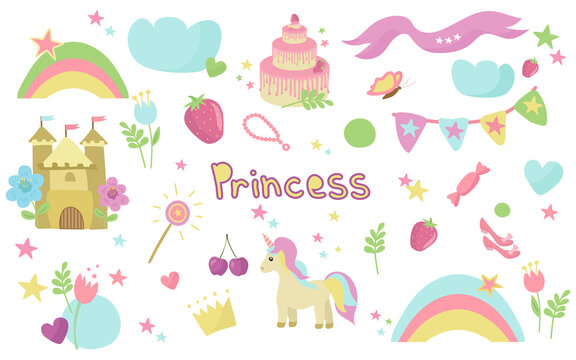 A delicate collection of Princess elements. Castle, rainbow, unicorn, shoes, magic wand, crown, cake. Vector. In the style of hand drawing.