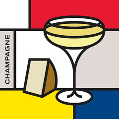 Champagne glass with slab of cheese. Modern style art with rectangular shapes. Piet Mondrian style pattern.