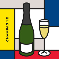 Champagne bottle with champagne glass. Modern style art with rectangular shapes. Piet Mondrian style pattern.