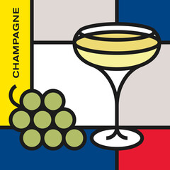 Champagne glass with bunch of white grapes. Modern style art with rectangular shapes. Piet Mondrian style pattern.