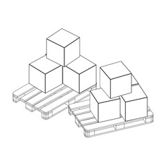 Cargo pallet for warehouse with stacked goods cardboard boxes. Logistics shipping concept. Wireframe low poly mesh vector illustration.