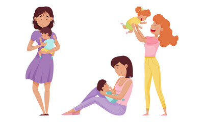 Mother Cradling Child in Arms and Playing Vector Illustrations Set