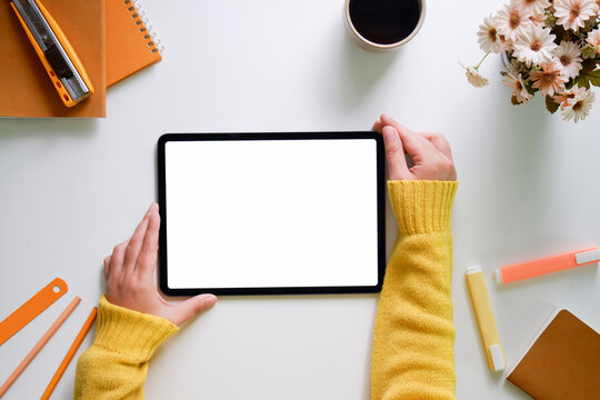 Top view home office digital tablet hero header template.