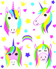 Set of four cartoon rainbow unicorns with stars and hearts. Cute colorful doodle pattern for baby greeting cards. Vector magic horses with fairy hairs.