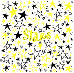 Vector yellow and black stars pattern. Sparkle golden silhoette shapes with lettering. Twinkle stardust.