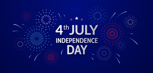 Independence Day greeting card. Fourth of July banner design with fireworks on blue background.  - Vector