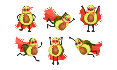 Funny Avocado Wearing Superhero Red Cloak and Mask Running Vector Illustration