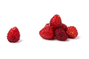 Macro view wild strawberry on white background. Forest red berries