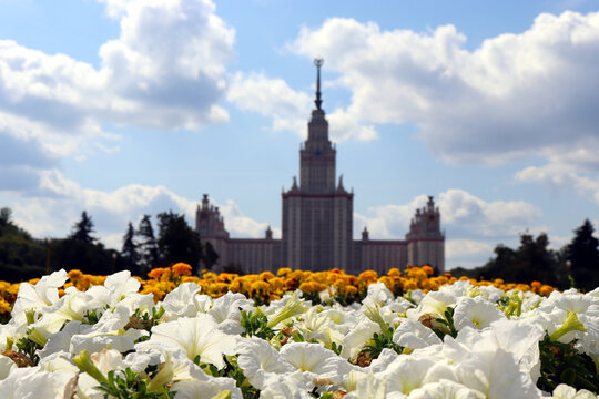Lomonosov Moscow State University at summer blooming flowers in Moscow Russia