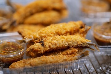 Close up of Deep fried Smelt Shishamo fish thai street food market