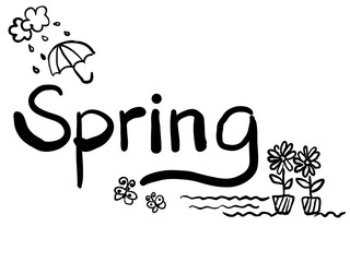 black and white raw hand writing spring season calligraphic with childish illustration decoration vector design