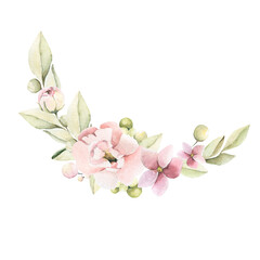 Watercolor composition with hand painted pink flowers of peony and leaves inspired by garden plants. Romantic floral background perfect for fabric textile, vintage paper or scrapbooking