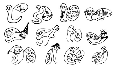 Funny worm with speech bubble. Hand drawn vector character illustration. Outline doodle drawing