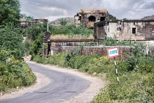Rajasthan, India - October 06, 2012: A landscape surrounding abandoned cursed fort in a place named Ajabgarh on a way to allegedly haunted place Bhangarh fort