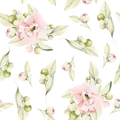Hand drawing watercolor floral pattern with pink flowers, leaves. illustration isolated on white. Perfect for print, textile, scrapbooking.