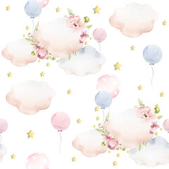 Hand drawing watercolor сhildren's pattern- clouds with pink flowers of peony, leaves, yellow stars, balloons. Perfect for print, textile, scrapbooking.