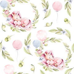 Hand drawing watercolorchildren's pattern with cute sleeping unicorn, pink flowers of peony, leaves, balloons. illustration isolated on white. Perfect for print, textile, scrapbooking.