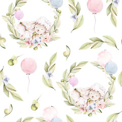 Hand drawing watercolorchildren's pattern with cute sleeping lamb, pink flowers of peony, leaves, balloons. illustration isolated on white. Perfect for print, textile, scrapbooking.
