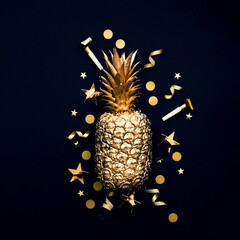 Flat lay tropical gold pineapple and confetti on a dark background
