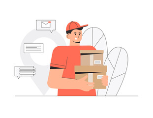 Delivery man, courier holding order box. Flat style vector illustration. Fast and free delivery service.